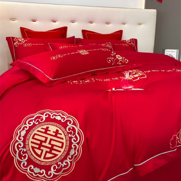 91家纺网 家纺一手货源 找家纺 2024新款婚庆被大红喜被加厚磨毛婚庆四件套 百年好合