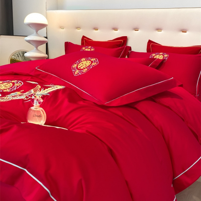 91家纺网 家纺一手货源 找家纺 2024新款婚庆被大红喜被加厚磨毛婚庆四件套 龙飞凤舞