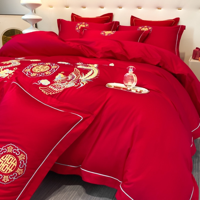 91家纺网 家纺一手货源 找家纺 2024新款婚庆被大红喜被加厚磨毛婚庆四件套 龙飞凤舞