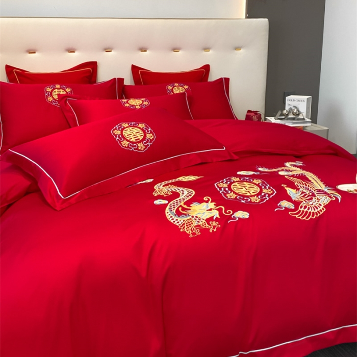 91家纺网 家纺一手货源 找家纺 2024新款婚庆被大红喜被加厚磨毛婚庆四件套 龙飞凤舞