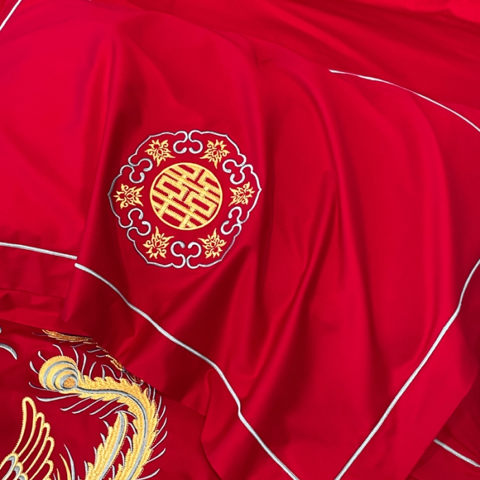 91家纺网 家纺一手货源 找家纺 2024新款婚庆被大红喜被加厚磨毛婚庆四件套 龙飞凤舞