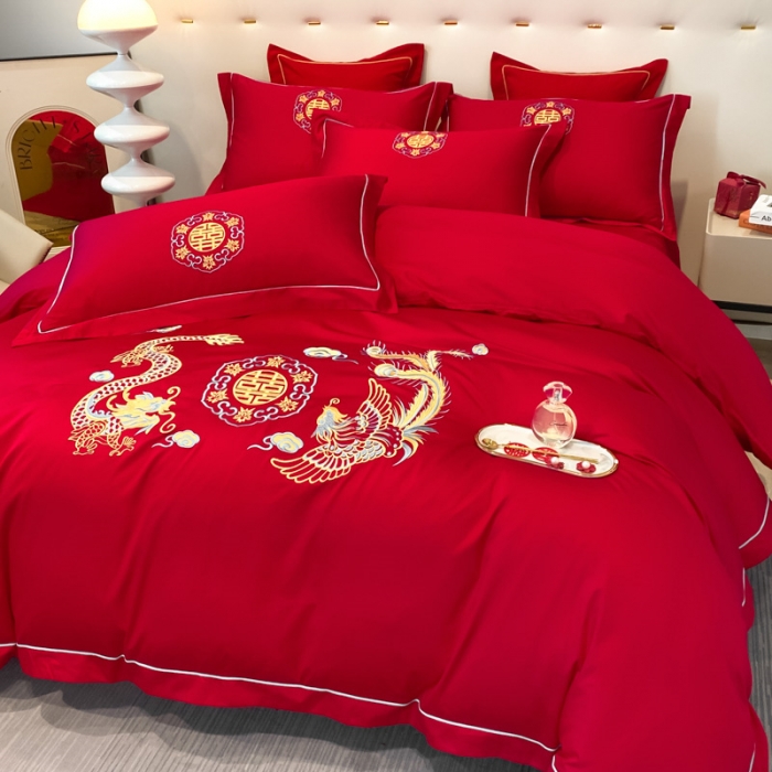 91家纺网 家纺一手货源 找家纺 2024新款婚庆被大红喜被加厚磨毛婚庆四件套 龙飞凤舞