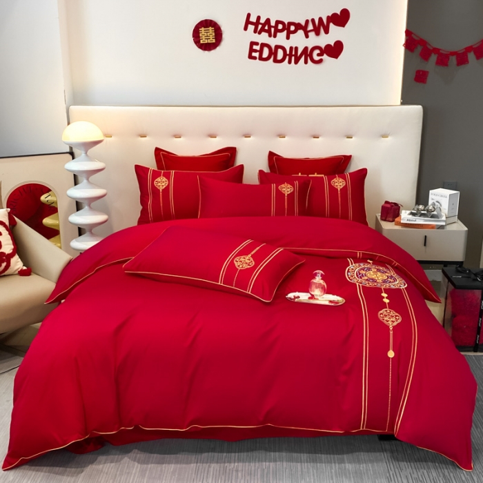 91家纺网 家纺一手货源 找家纺 2024新款婚庆被大红喜被加厚磨毛婚庆四件套 永结同心