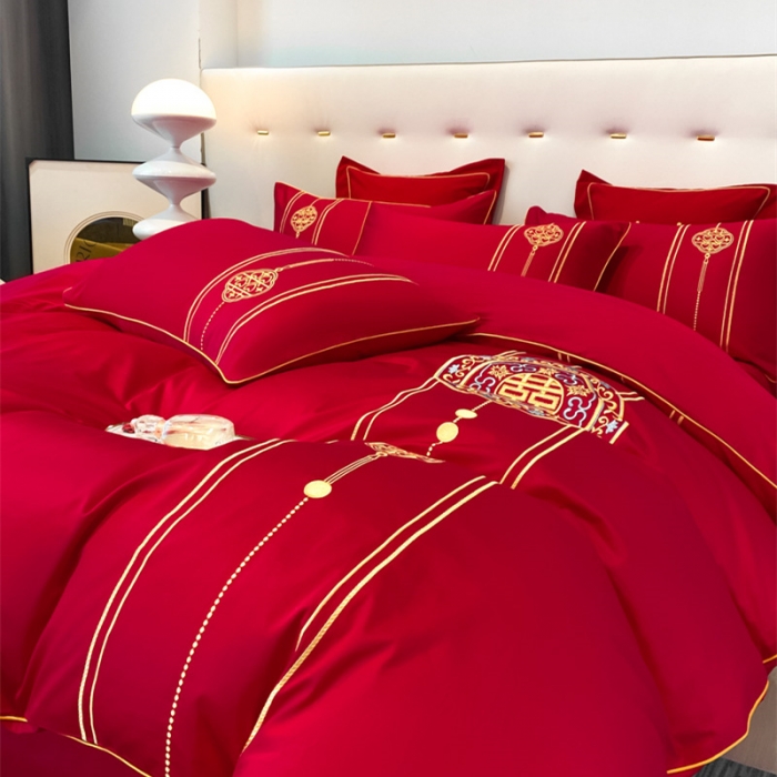 91家纺网 家纺一手货源 找家纺 2024新款婚庆被大红喜被加厚磨毛婚庆四件套 永结同心