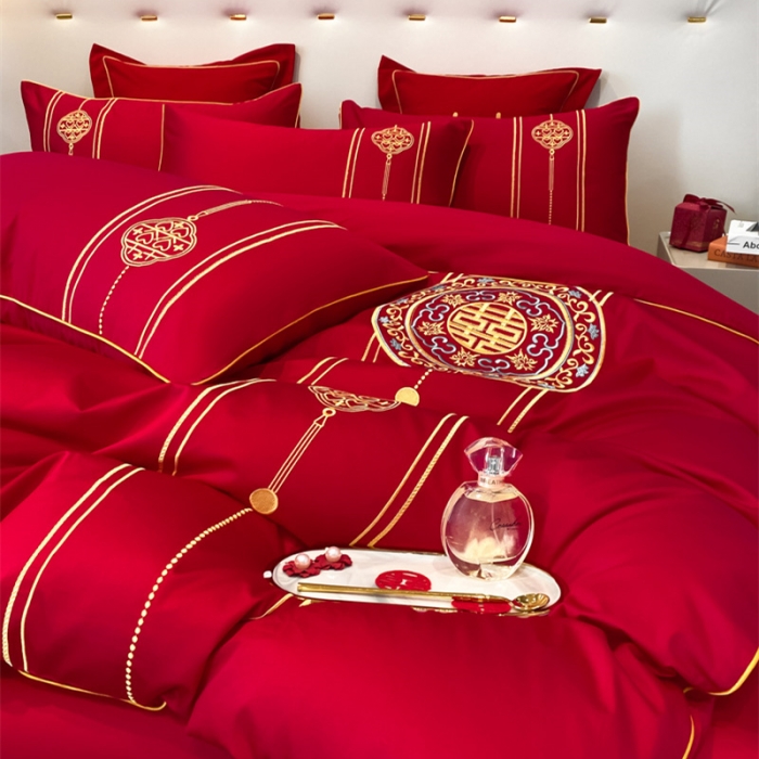 91家纺网 家纺一手货源 找家纺 2024新款婚庆被大红喜被加厚磨毛婚庆四件套 永结同心