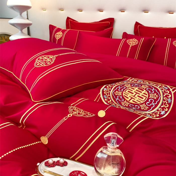 91家纺网 家纺一手货源 找家纺 2024新款婚庆被大红喜被加厚磨毛婚庆四件套 永结同心