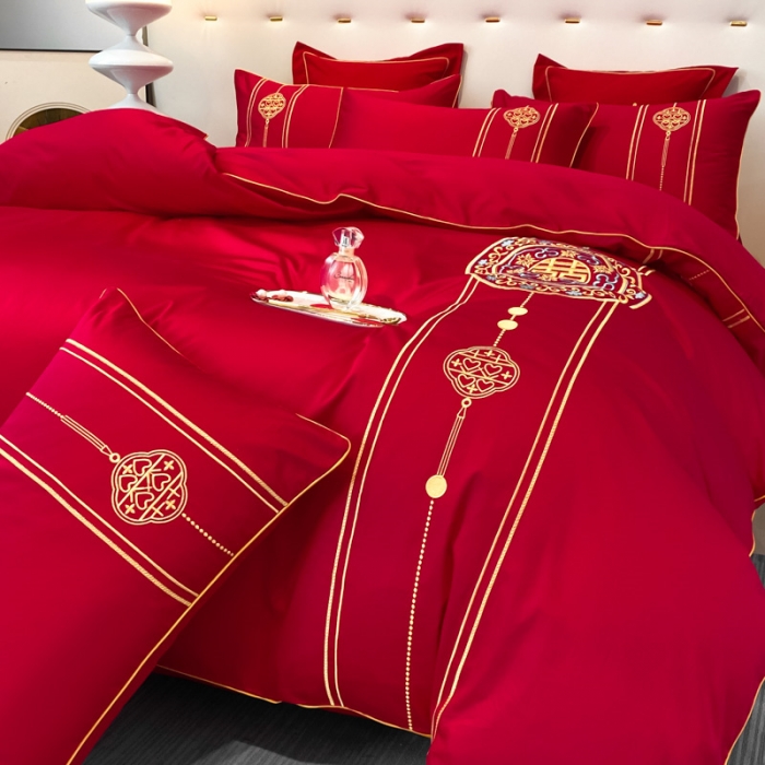 91家纺网 家纺一手货源 找家纺 2024新款婚庆被大红喜被加厚磨毛婚庆四件套 永结同心