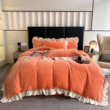 91家纺网 家纺一手货源 找家纺 仟网汇 2022新款千鸟格雕花绒四件套 橘色