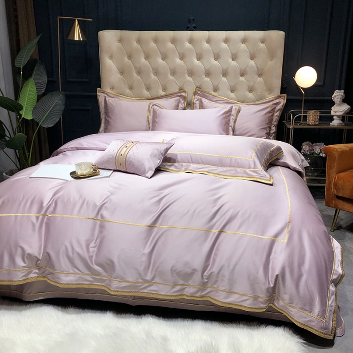 91家纺网 家纺一手货源 找家纺 馨蕊 2022新款100支莫兰迪刺绣全棉四件套 豆粉