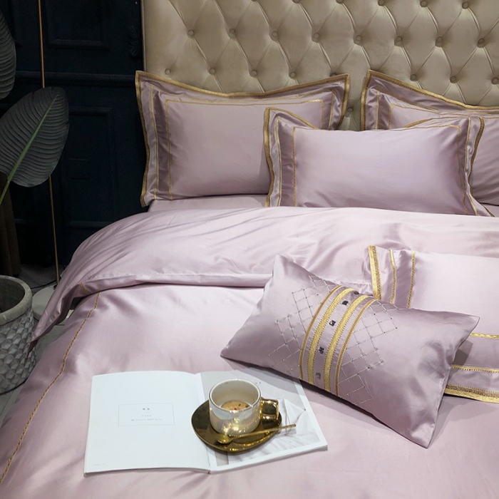 91家纺网 家纺一手货源 找家纺 馨蕊 2022新款100支莫兰迪刺绣全棉四件套 豆粉