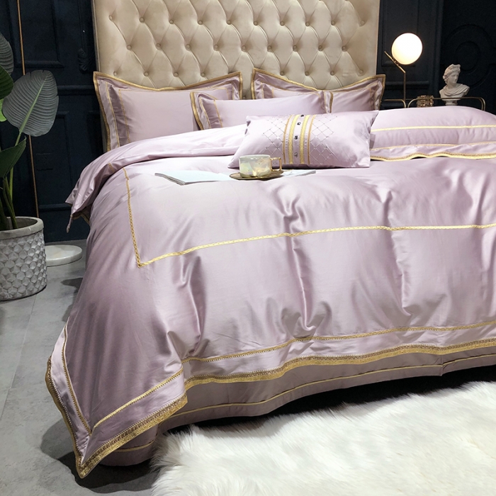 91家纺网 家纺一手货源 找家纺 馨蕊 2022新款100支莫兰迪刺绣全棉四件套 豆粉