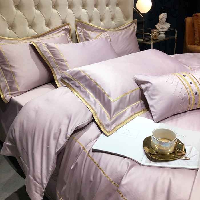 91家纺网 家纺一手货源 找家纺 馨蕊 2022新款100支莫兰迪刺绣全棉四件套 豆粉