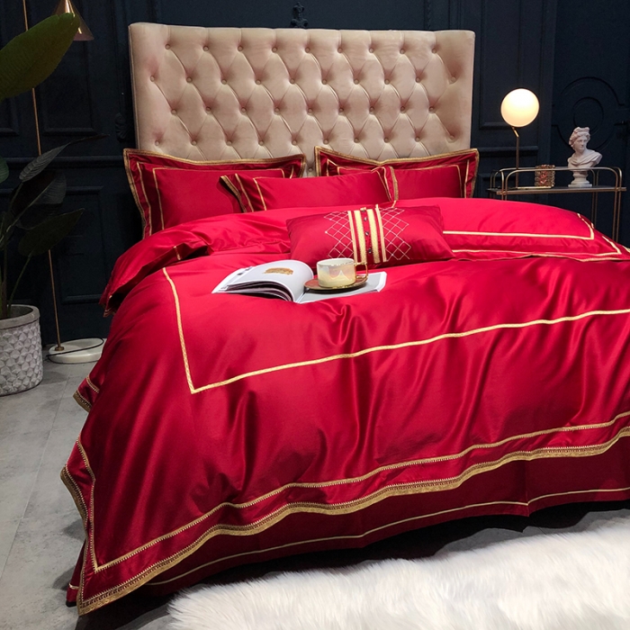 91家纺网 家纺一手货源 找家纺 馨蕊 2022新款100支莫兰迪刺绣全棉四件套 温莎红