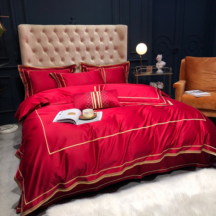 91家纺网 家纺一手货源 找家纺 馨蕊 2022新款100支莫兰迪刺绣全棉四件套 温莎红