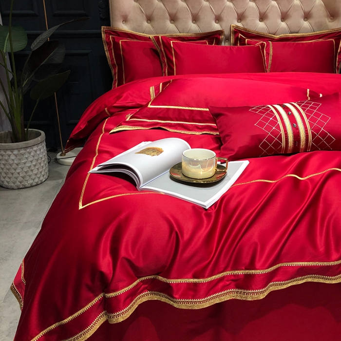 91家纺网 家纺一手货源 找家纺 馨蕊 2022新款100支莫兰迪刺绣全棉四件套 温莎红