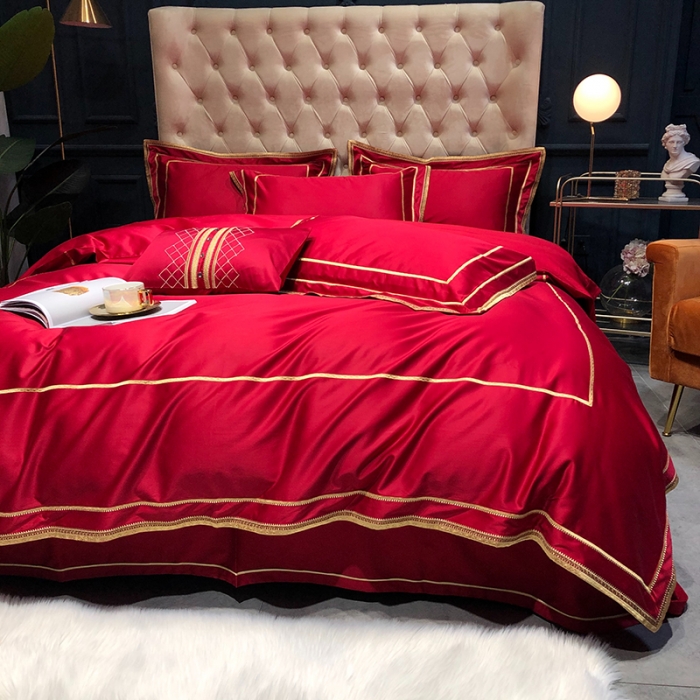 91家纺网 家纺一手货源 找家纺 馨蕊 2022新款100支莫兰迪刺绣全棉四件套 温莎红