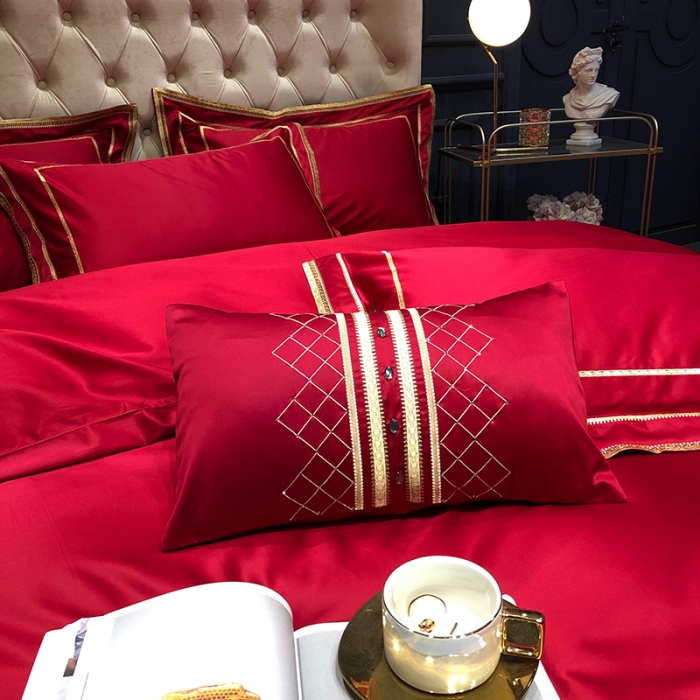 91家纺网 家纺一手货源 找家纺 馨蕊 2022新款100支莫兰迪刺绣全棉四件套 温莎红