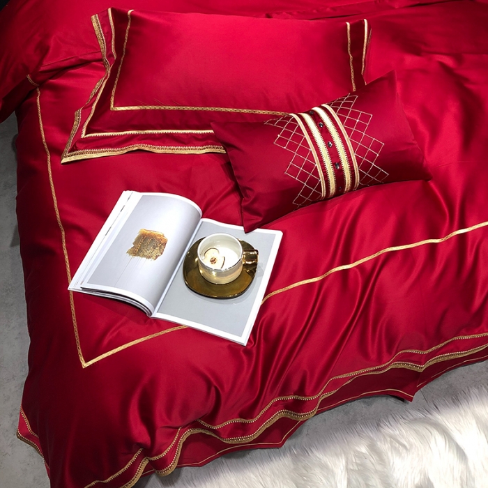 91家纺网 家纺一手货源 找家纺 馨蕊 2022新款100支莫兰迪刺绣全棉四件套 温莎红