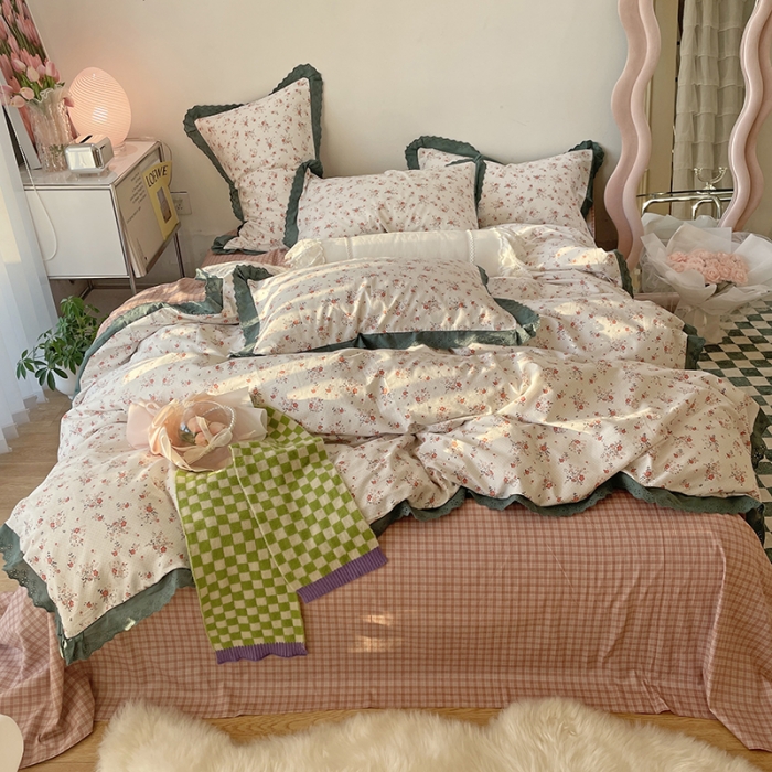 91家纺网 家纺一手货源 找家纺 千朵 2022新款全棉蕾丝花边四件套春风里