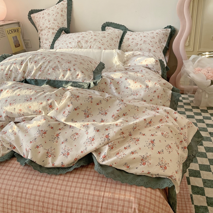 91家纺网 家纺一手货源 找家纺 千朵 2022新款全棉蕾丝花边四件套春风里