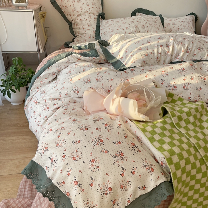 91家纺网 家纺一手货源 找家纺 千朵 2022新款全棉蕾丝花边四件套春风里