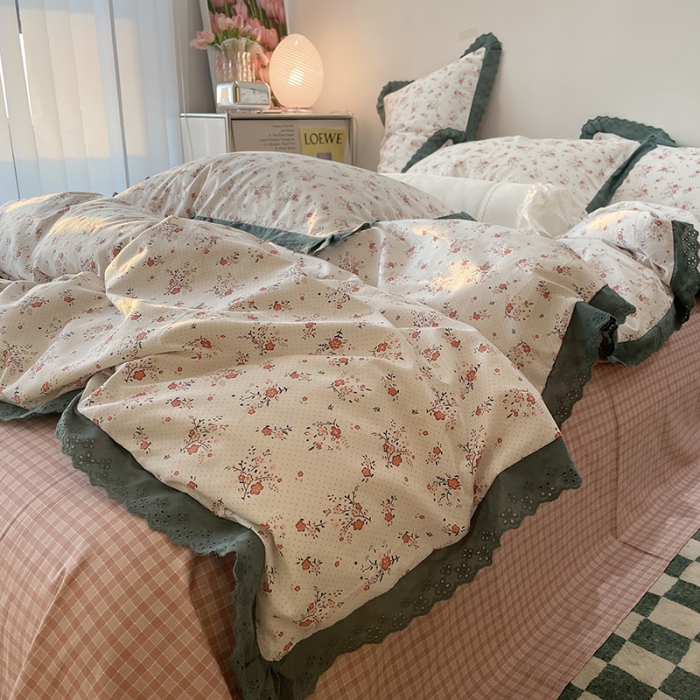 91家纺网 家纺一手货源 找家纺 千朵 2022新款全棉蕾丝花边四件套春风里