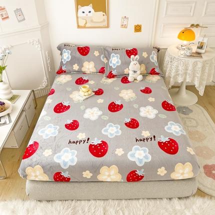 91家纺网 家纺一手货源 找家纺 纽缦 2022新款牛奶绒床笠法莱水晶宝宝 元气草莓花-灰