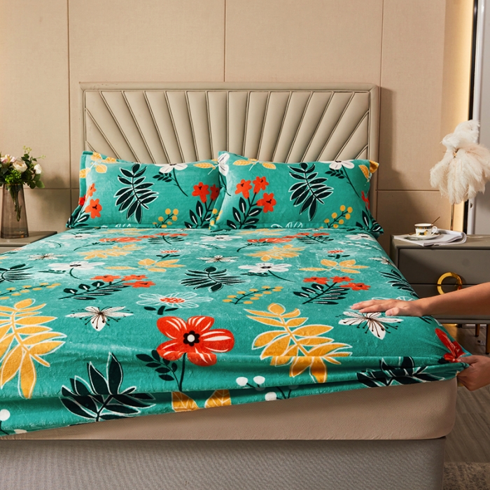 91家纺网 家纺一手货源 找家纺 纽缦 2022新款牛奶绒床笠法莱水晶宝宝 春雨绿