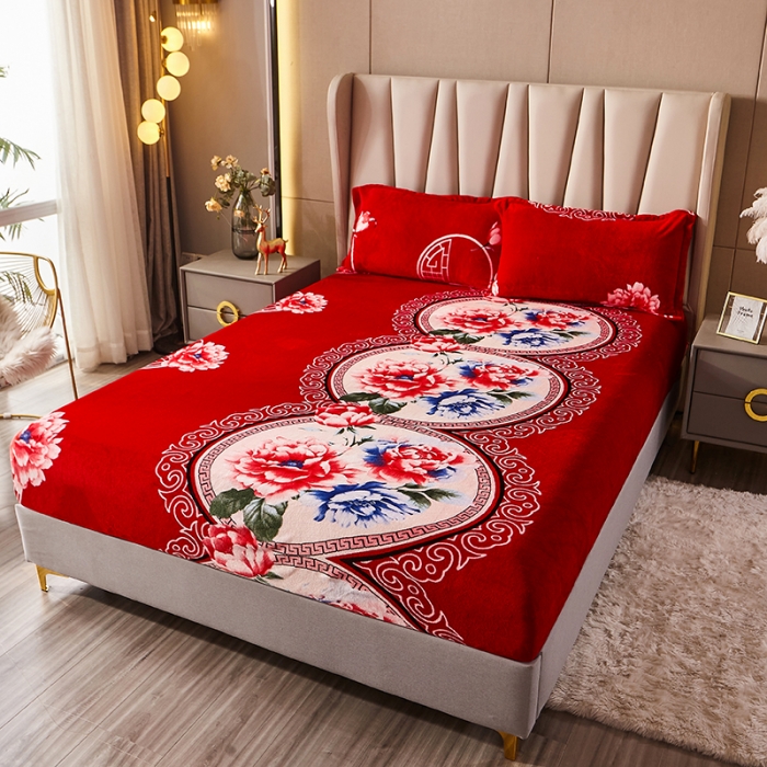 91家纺网 家纺一手货源 找家纺 纽缦 2022新款牛奶绒床笠法莱水晶宝宝 今生缘红（大版）