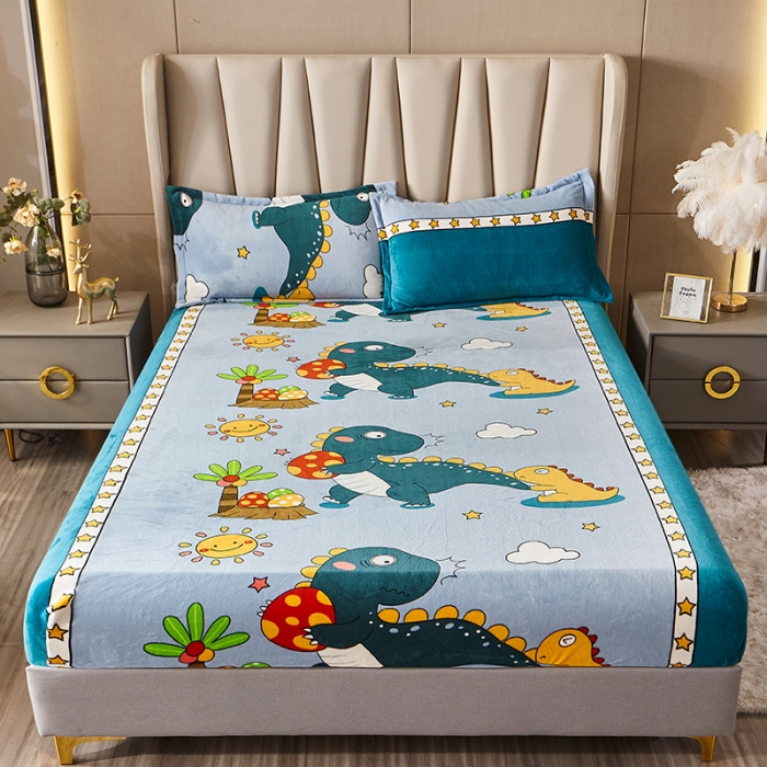 91家纺网 家纺一手货源 找家纺 纽缦 2022新款牛奶绒床笠法莱水晶宝宝 恐龙世界蓝（大版）