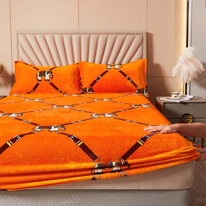 91家纺网 家纺一手货源 找家纺 纽缦 2022新款牛奶绒床笠法莱水晶宝宝 赛亚橘