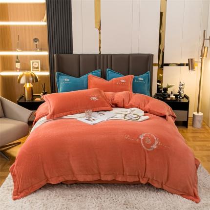 91家纺网 家纺一手货源 找家纺 名品优仓 2022新款图兰朵系列牛奶绒刺绣四件套 图兰朵-桔红色