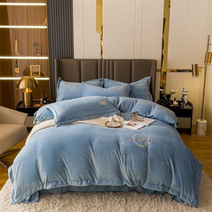 91家纺网 家纺一手货源 找家纺 名品优仓 2022新款图兰朵系列牛奶绒刺绣四件套 图兰朵-深海蓝