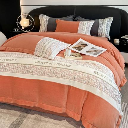 91家纺网 家纺一手货源 找家纺 (总)苹果星 2022新款高克重牛奶绒刺绣拼角四件套-赛琳娜