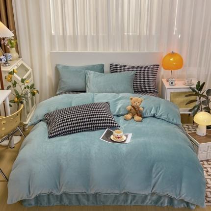 91家纺网 家纺一手货源 找家纺 仟网汇 2022新款千鸟格牛奶绒系列四件套 马卡龙湖蓝