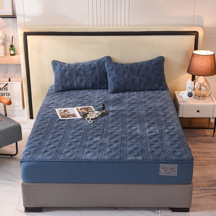 91家纺网 家纺一手货源 找家纺 豪选 2025新款羊羔绒德绒夹棉速暖加厚夹棉床笠 德绒蓝灰