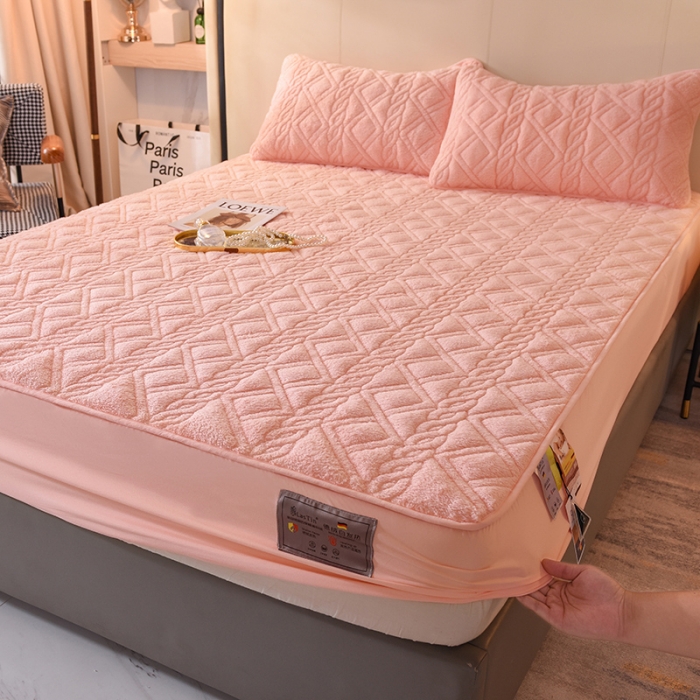 91家纺网 家纺一手货源 找家纺 豪选 2025新款羊羔绒德绒夹棉速暖加厚夹棉床笠 德绒玉色