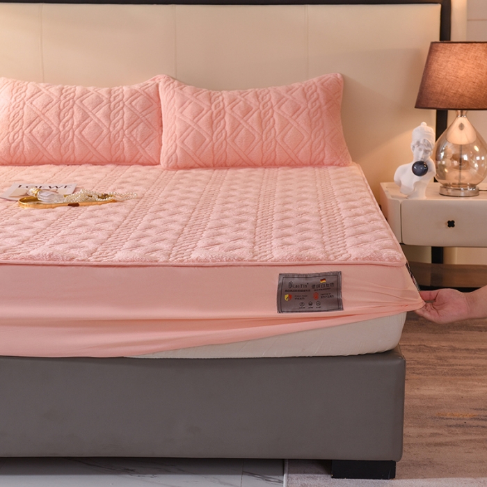 91家纺网 家纺一手货源 找家纺 豪选 2025新款羊羔绒德绒夹棉速暖加厚夹棉床笠 德绒玉色