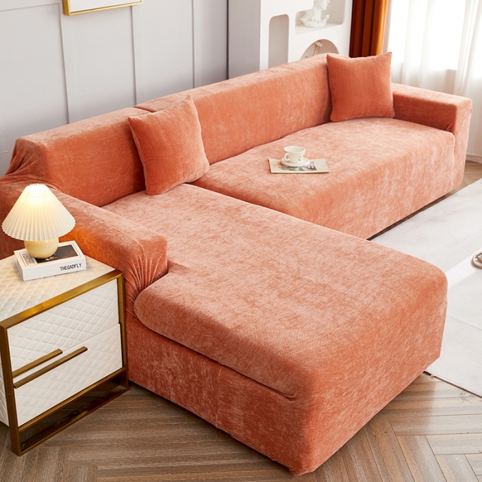 91家纺网 家纺一手货源 找家纺 逐日沙发套 2023新款加厚雪尼尔纯色系列贵妃沙发套 雪尼尔-高级橙