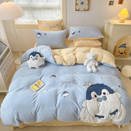 91家纺网 家纺一手货源 找家纺 加厚牛奶绒贴布绣花四件套冬季法莱珊瑚绒保暖床上用品床单床笠