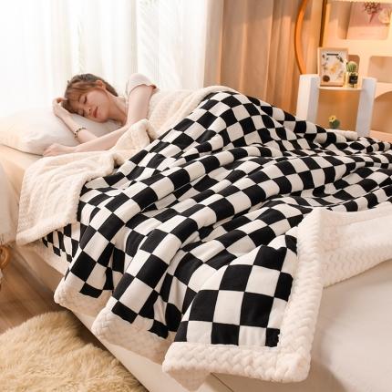91家纺网 家纺一手货源 找家纺 印季 2024新款三层夹棉印花牛奶绒毛毯 棋盘格-黑-贝贝绒