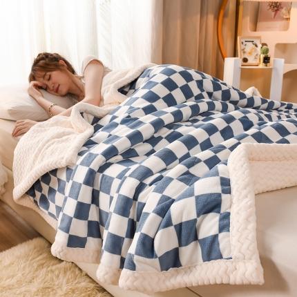 91家纺网 家纺一手货源 找家纺 印季 2024新款三层夹棉印花牛奶绒毛毯 棋盘格-蓝-贝贝绒（白）