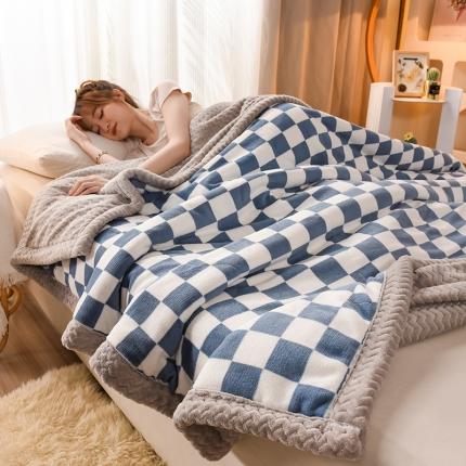 91家纺网 家纺一手货源 找家纺 印季 2024新款三层夹棉印花牛奶绒毛毯 棋盘格-蓝-贝贝绒（灰）