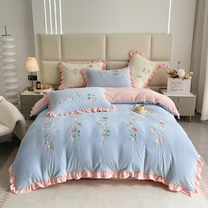 91家纺网 家纺一手货源 找家纺 （总）懒猫 2022新款牛奶绒绣花四件套-慕叶花意