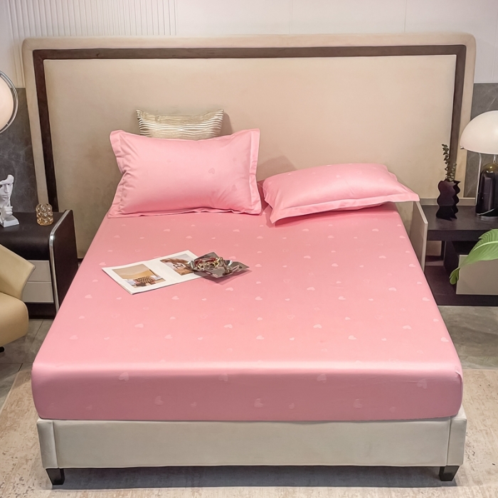 91家纺网 家纺一手货源 找家纺 品乐 2022新款100支长绒棉提花床笠 纯色爱心粉