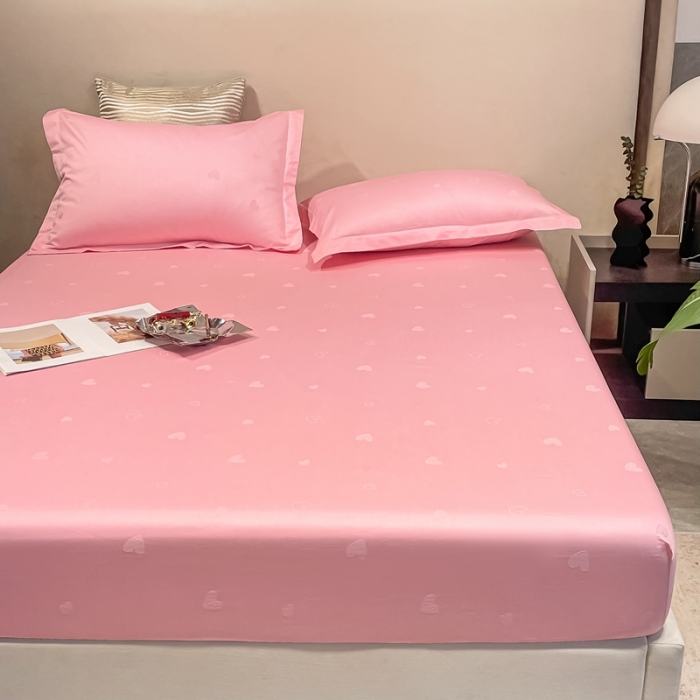 91家纺网 家纺一手货源 找家纺 品乐 2022新款100支长绒棉提花床笠 纯色爱心粉