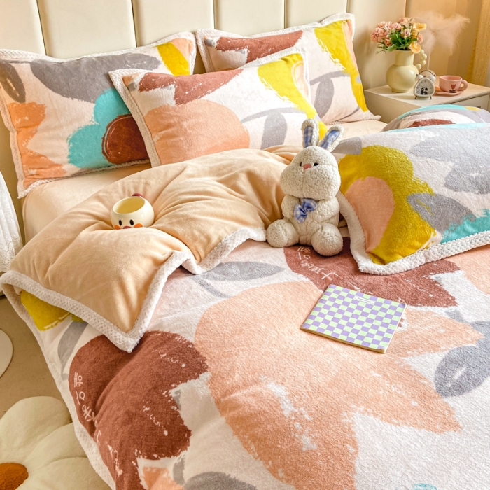 91家纺网 家纺一手货源 找家纺 阿亮家居 2024新款大包边菠萝格牛奶绒活性印染单被套 春花浪漫