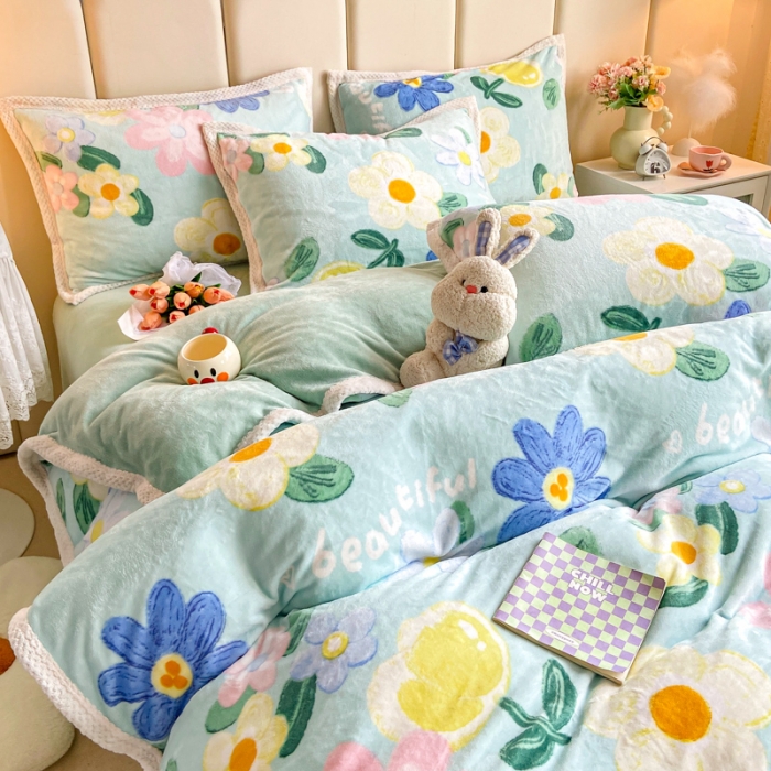 91家纺网 家纺一手货源 找家纺 阿亮家居 2024新款大包边菠萝格牛奶绒活性印染单被套 花开四季