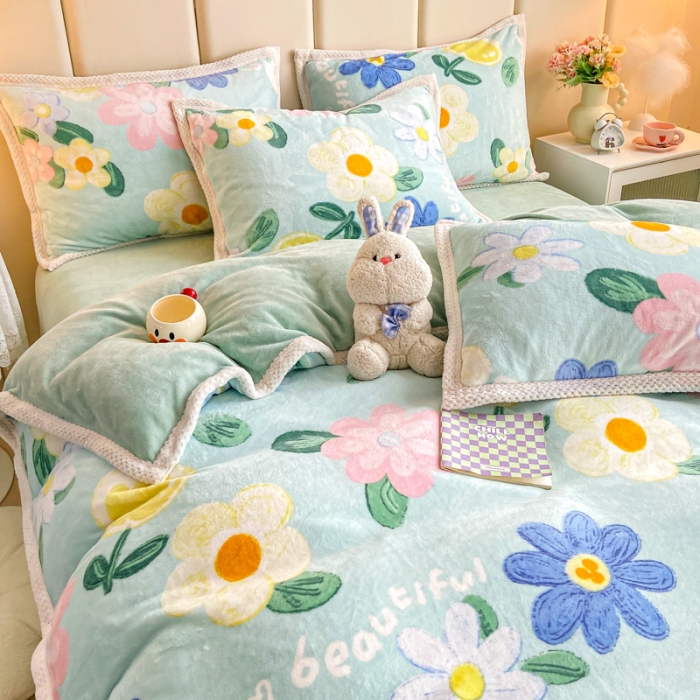 91家纺网 家纺一手货源 找家纺 阿亮家居 2024新款大包边菠萝格牛奶绒活性印染单被套 花开四季