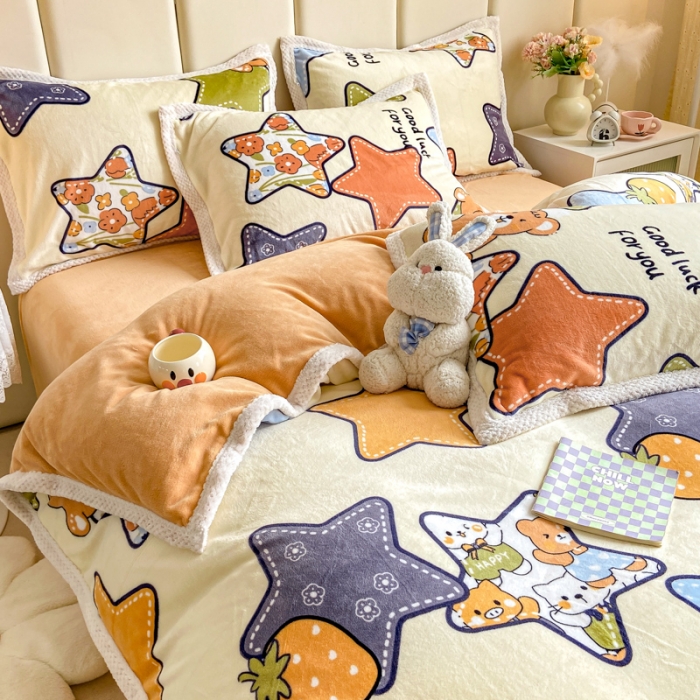 91家纺网 家纺一手货源 找家纺 阿亮家居 2024新款大包边菠萝格牛奶绒活性印染单被套 满天星